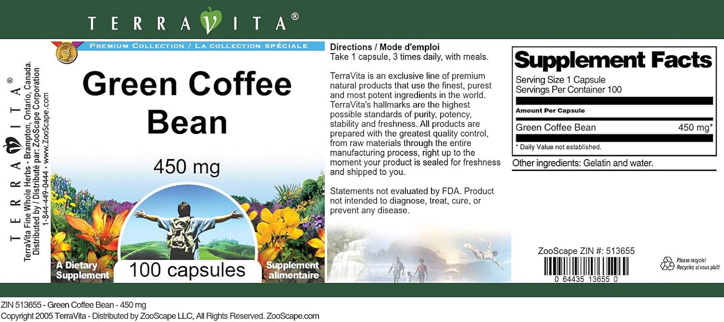 Terravita Green Coffee Bean Capsules, 450mg - 100 Count (Pack of 3)