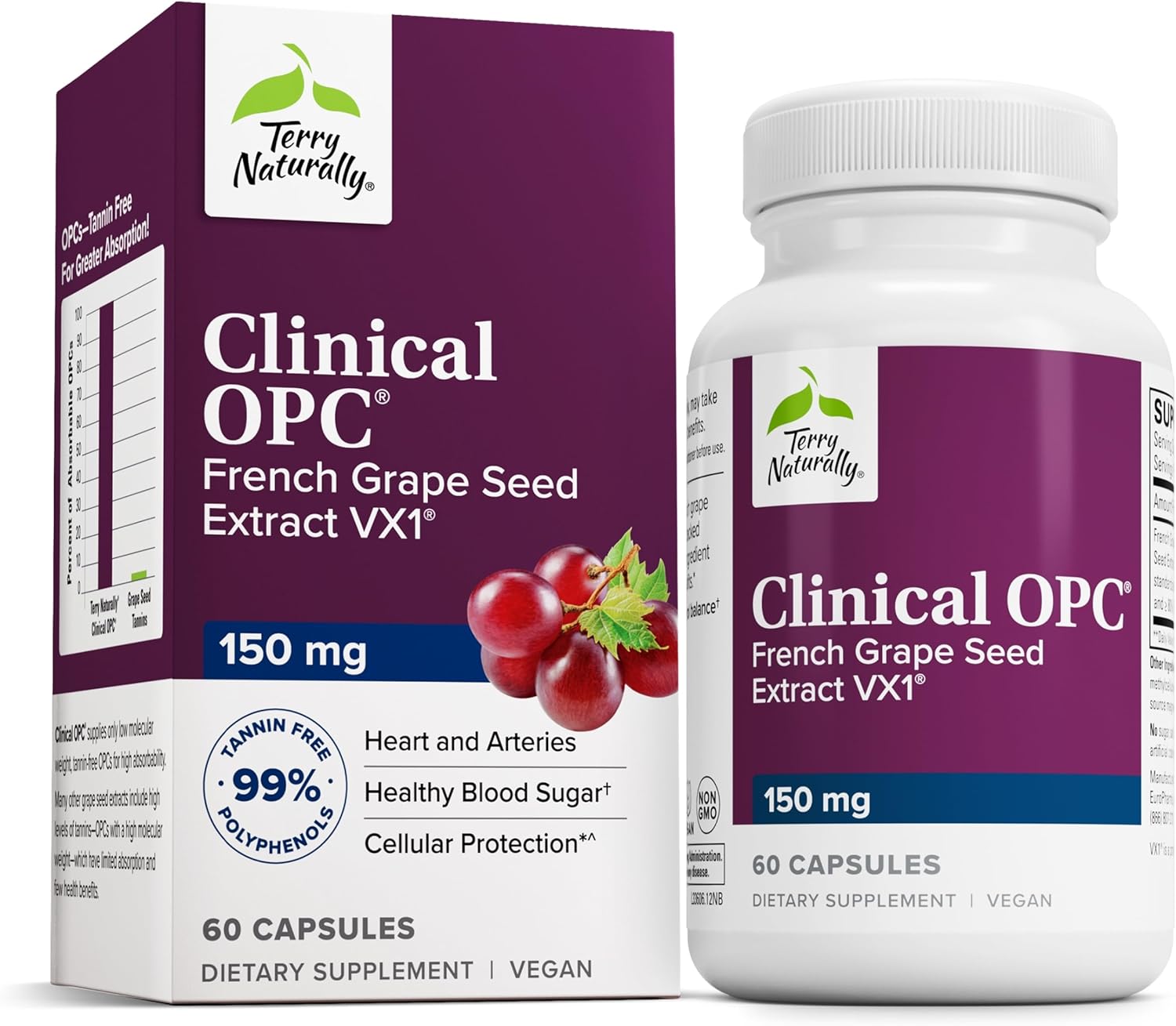 Terry Naturally Clinical OPC 150 mg French Grape Seed Extract Capsules - Antioxidant Supplement - Non-GMO, Gluten Free - 60 Servings