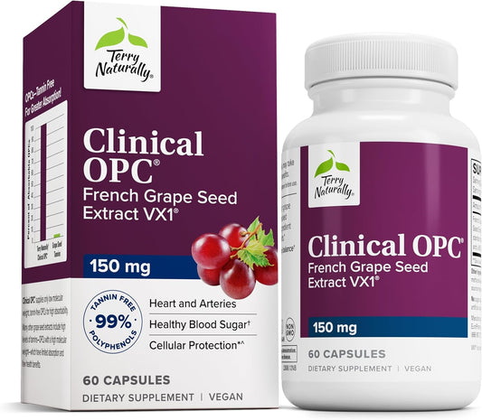 Terry Naturally Clinical OPC 150 mg French Grape Seed Extract Capsules - Antioxidant Supplement - Non-GMO, Gluten Free - 60 Servings