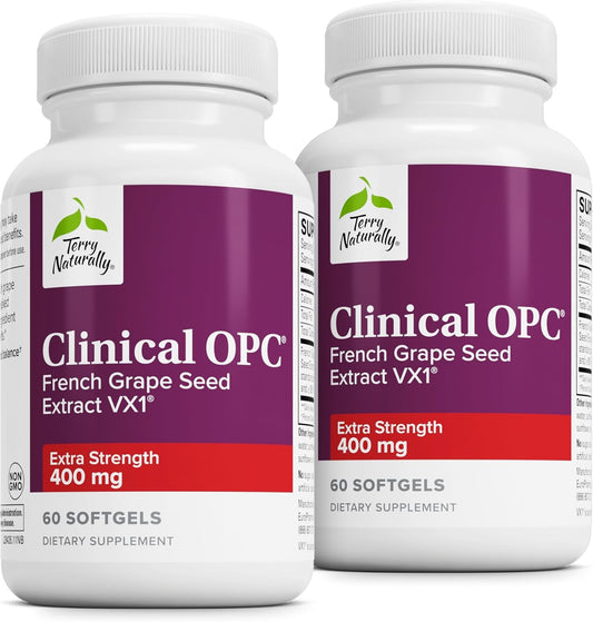 Terry Naturally Clinical OPC Extra Strength Softgels - 2 Pack, 60 Count - 400mg French Grape Seed Extract - Antioxidant Supplement - Non-GMO, Gluten Free - 120 Servings