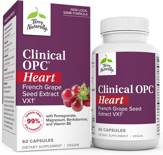 Terry Naturally Clinical OPC Heart Capsules - French Grape Seed Complex - Non-GMO, Vegan, Gluten Free - 60 Count