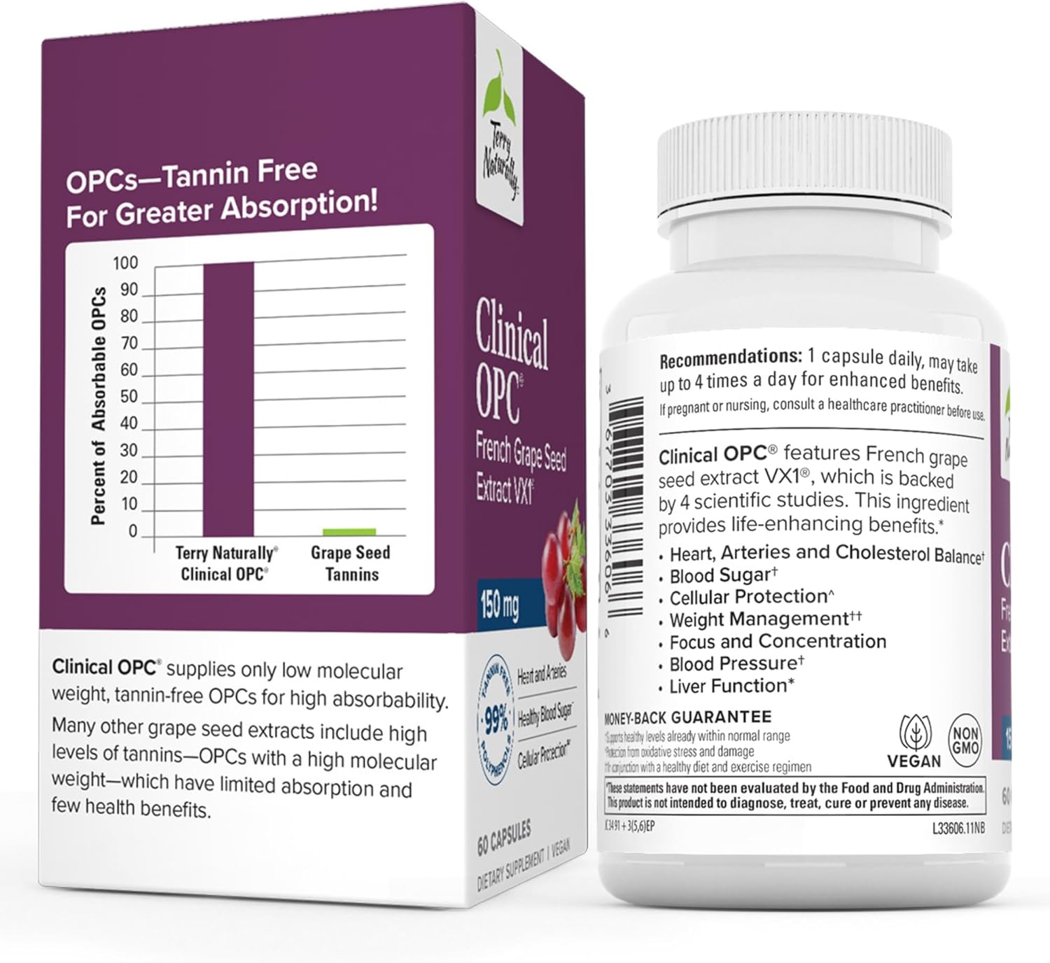 Terry Naturally Clinical OPC Softgels - Cardiovascular & Focus Support Supplement with Grape Seed Extract & Sunflower Lecithin - Immune Boost - 150mg, 120 Softgels