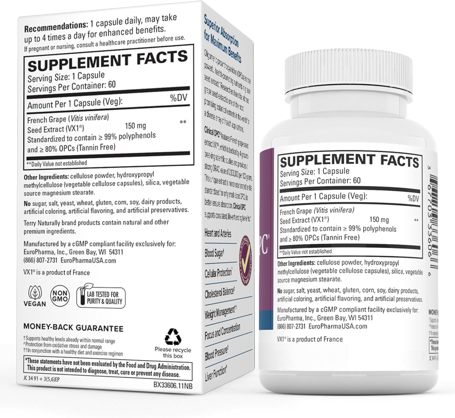 Terry Naturally Clinical OPC Softgels - Cardiovascular & Focus Support Supplement with Grape Seed Extract & Sunflower Lecithin - Immune Boost - 150mg, 120 Softgels