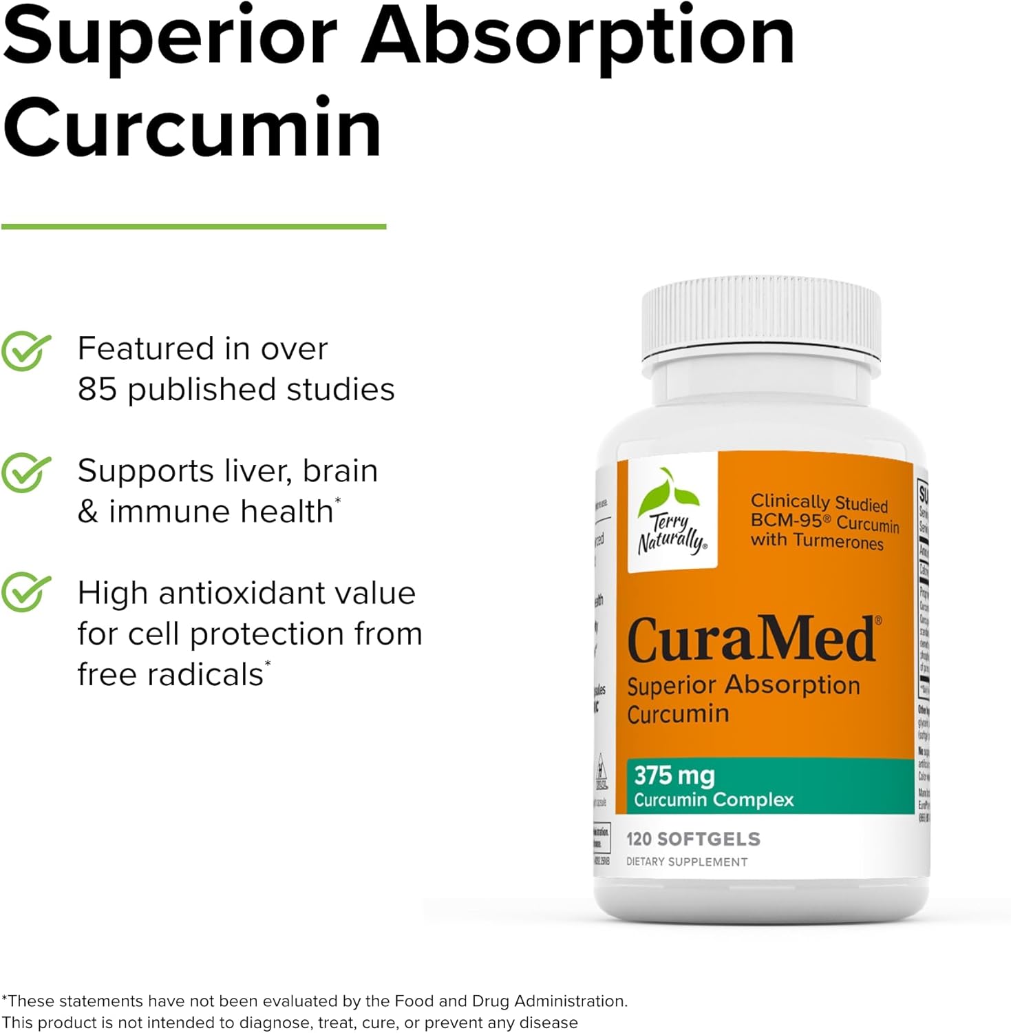 Terry Naturally CuraMed 375 mg Curcumin Softgels - BCM-95 for Superior Absorption - Non-GMO, Halal - 120 Servings