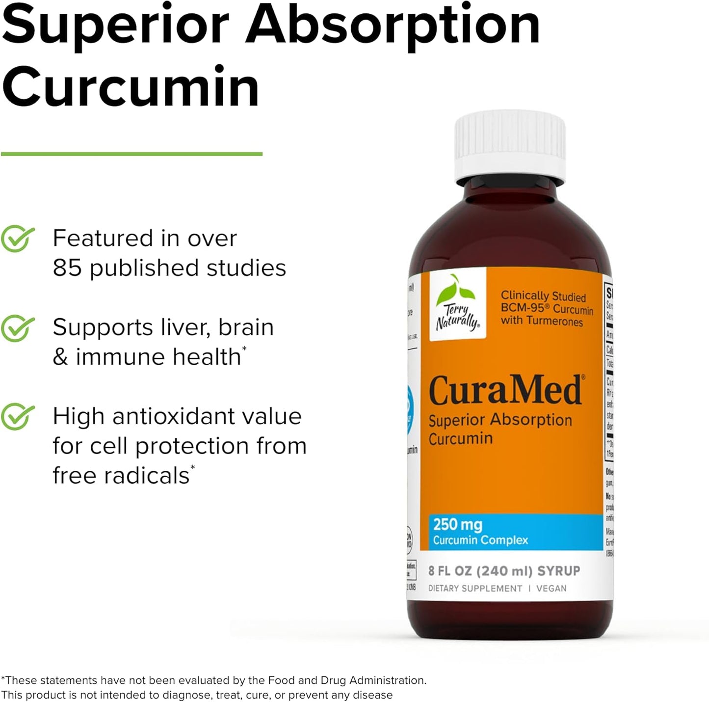 Terry Naturally CuraMed Syrup - 8 fl oz - 250 mg Curcumin Complex - Non-GMO, Vegan, Gluten Free - 48 Servings, High Absorption