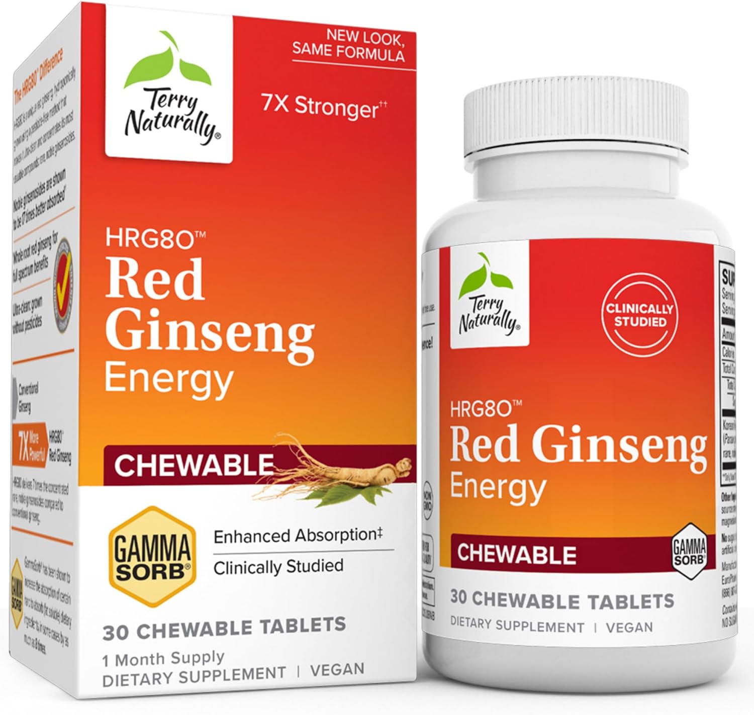 Terry Naturally HRG80 Red Ginseng Energy Chewable Tablets - Supports Healthy Energy, Focus & Endurance - Vegan Herbal Supplement with Korean Red Ginseng Root Powder - 30 Tablets