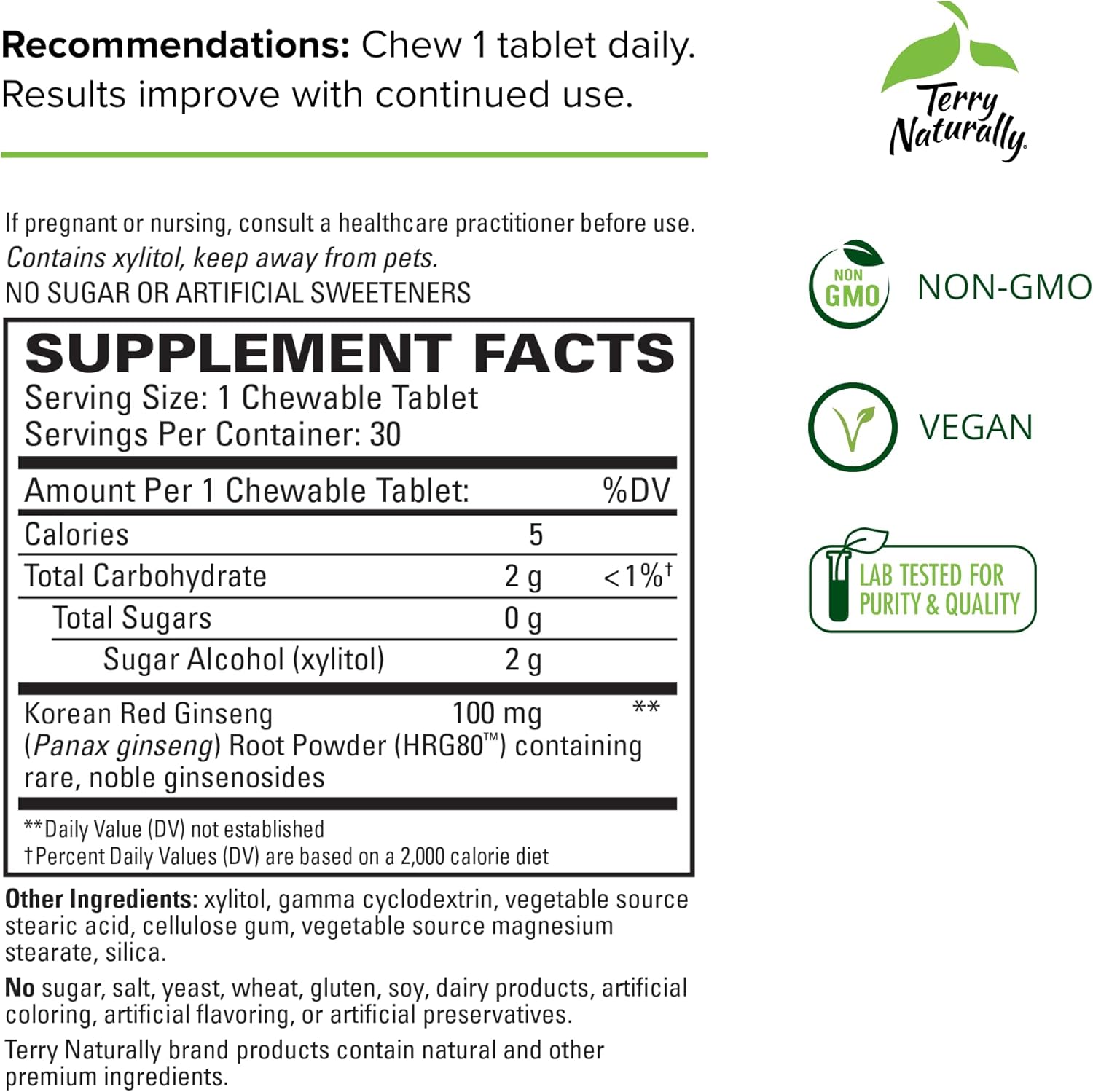 Terry Naturally HRG80 Red Ginseng Energy Chewable Tablets - Supports Healthy Energy, Focus & Endurance - Vegan Herbal Supplement with Korean Red Ginseng Root Powder - 30 Tablets