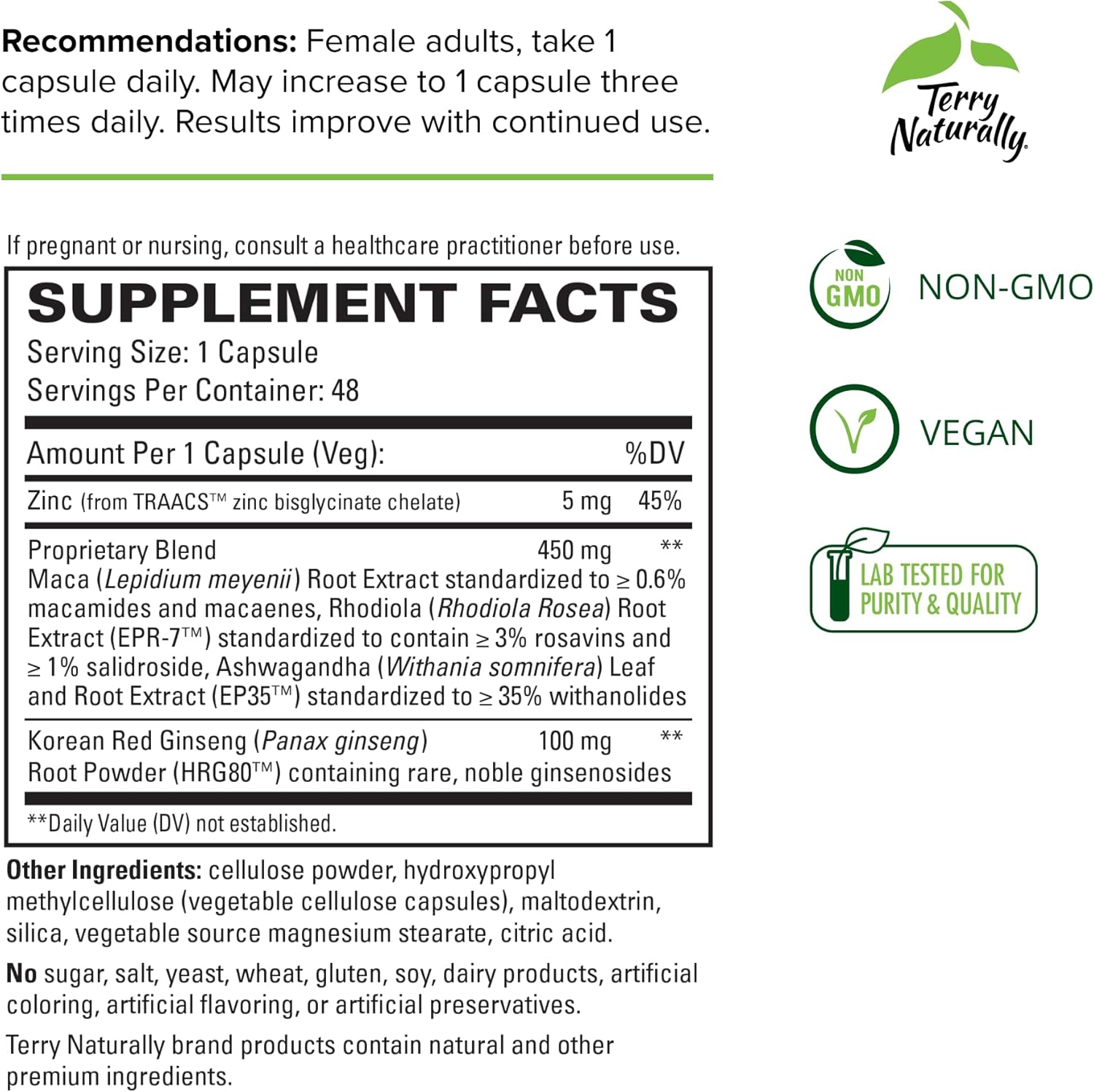 Terry Naturally HRG80 Red Ginseng Female Sexual Enhancement - Dietary Supplement for Energy & Vitality - Supports Circulation and Endurance - With Ashwagandha, Red Ginseng, and Zinc - 48 Caps