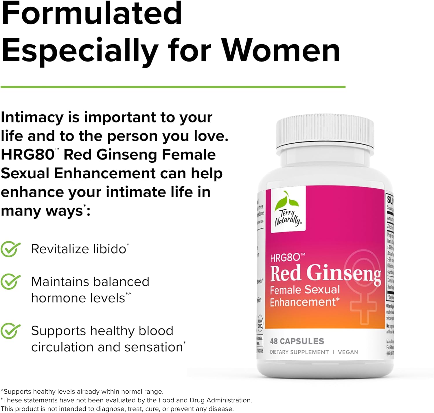 Terry Naturally HRG80 Red Ginseng Female Sexual Enhancement - Dietary Supplement for Energy & Vitality - Supports Circulation and Endurance - With Ashwagandha, Red Ginseng, and Zinc - 48 Caps