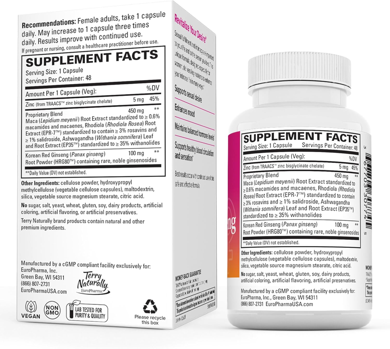 Terry Naturally HRG80 Red Ginseng Female Sexual Enhancement - Dietary Supplement for Energy & Vitality - Supports Circulation and Endurance - With Ashwagandha, Red Ginseng, and Zinc - 48 Caps