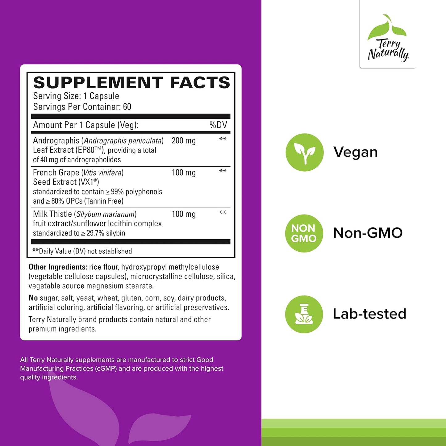 Terry Naturally Liver Support Capsules - 60 Count - Milk Thistle, Andrographis, Grape Seed Extract - Non-GMO, Vegan - 60 Servings