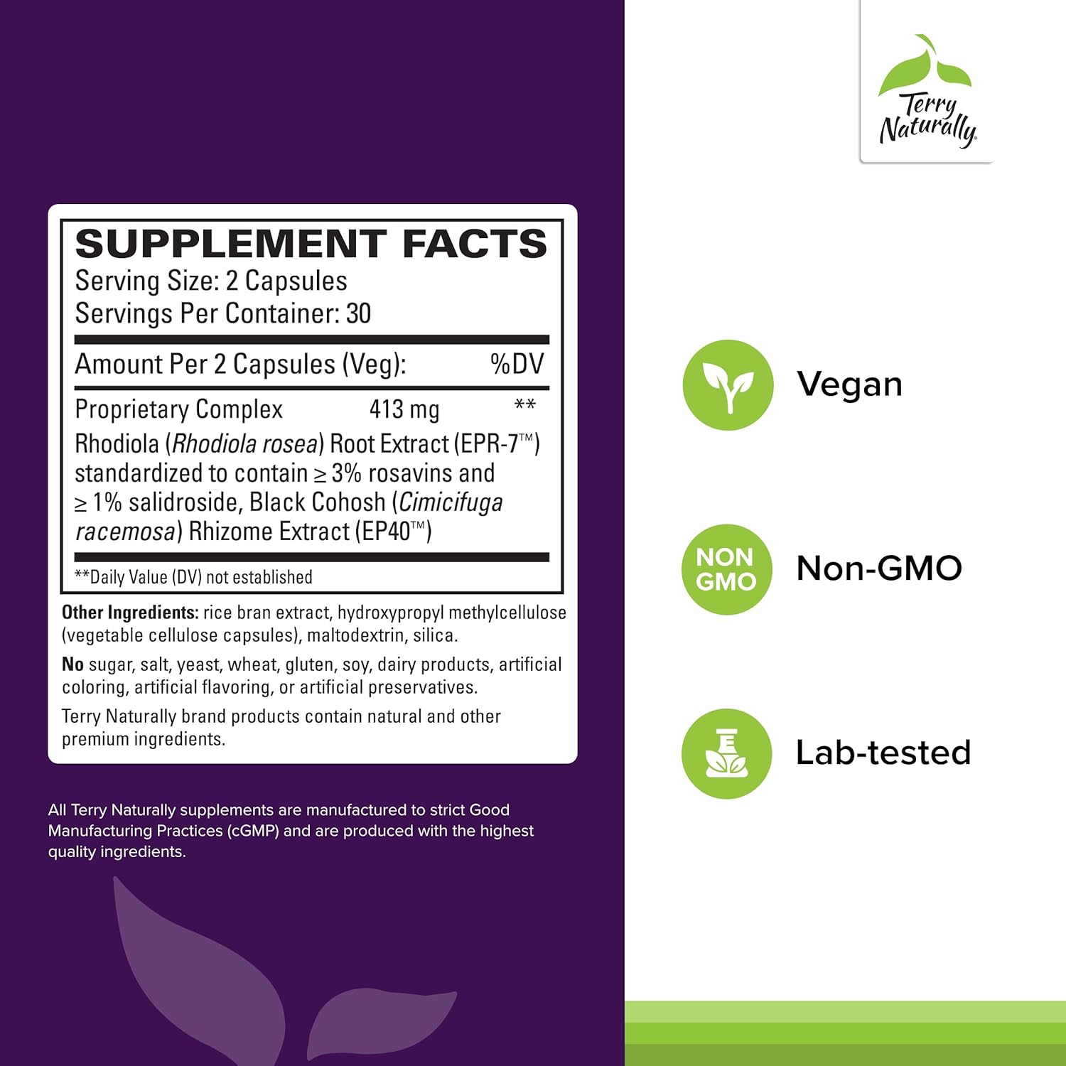 Terry Naturally Menopause Relief Plus Capsules - Clinical-Strength Formula with Rhodiola & Black Cohosh - Non-GMO, Vegan, Gluten Free - 30 Servings