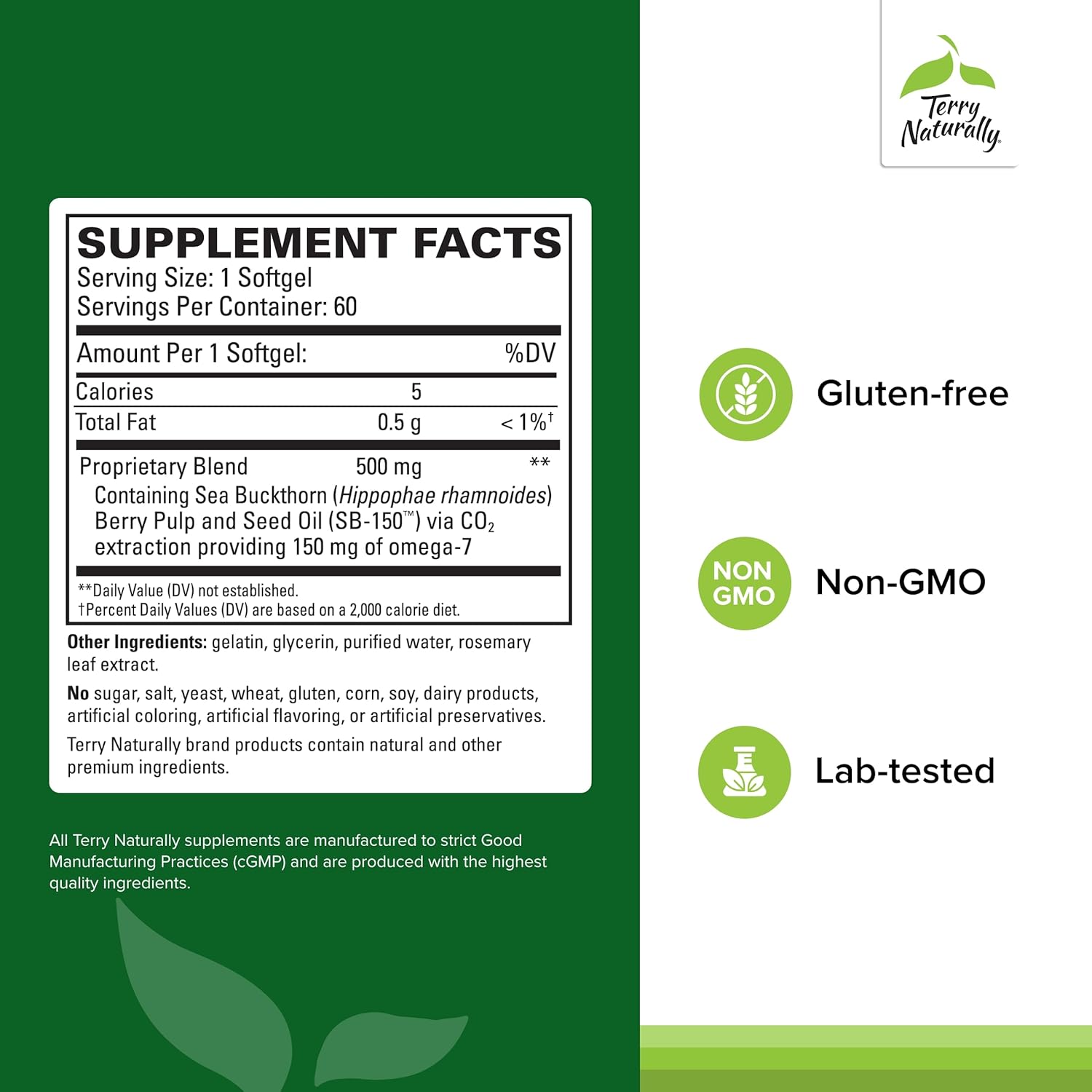 Terry Naturally Omega-7 Dry Eye Relief Softgels - Eye Health Supplement with Buckthorn Seed Oil - Pack of 120 Softgels for Dry Eye Relief