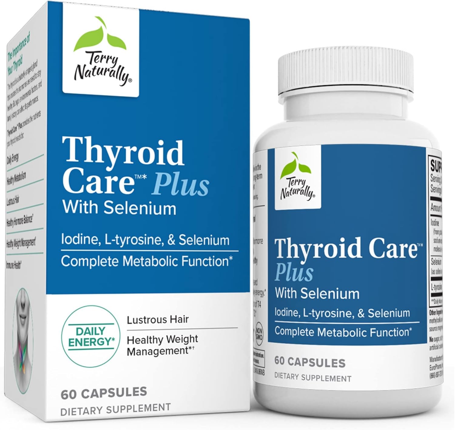 Terry Naturally Thyroid Care Plus: Energy & Hair Support Supplement - L-Tyrosine & Selenium - 60 Capsules (2 Pack)