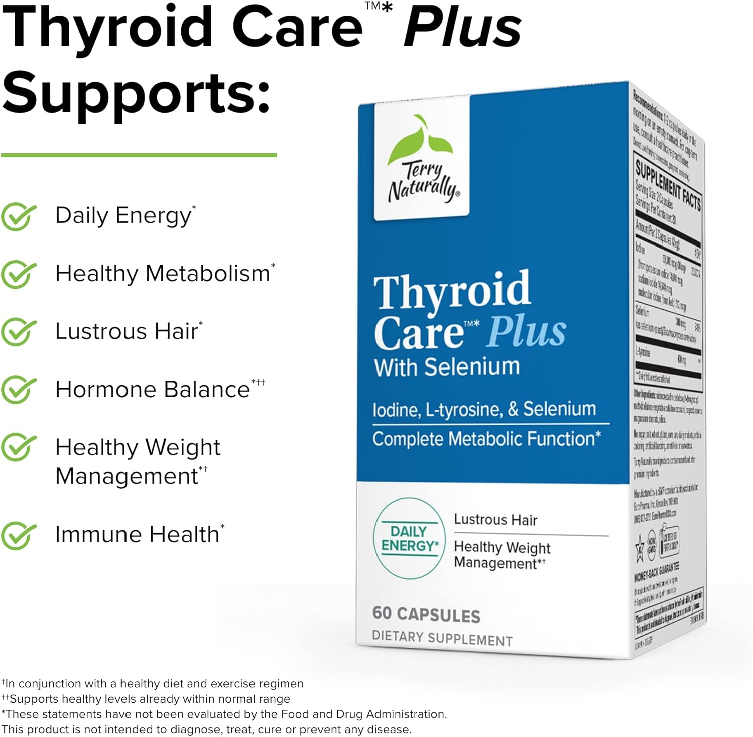 Terry Naturally Thyroid Care Plus: Energy & Hair Support Supplement - L-Tyrosine & Selenium - 60 Capsules (2 Pack)
