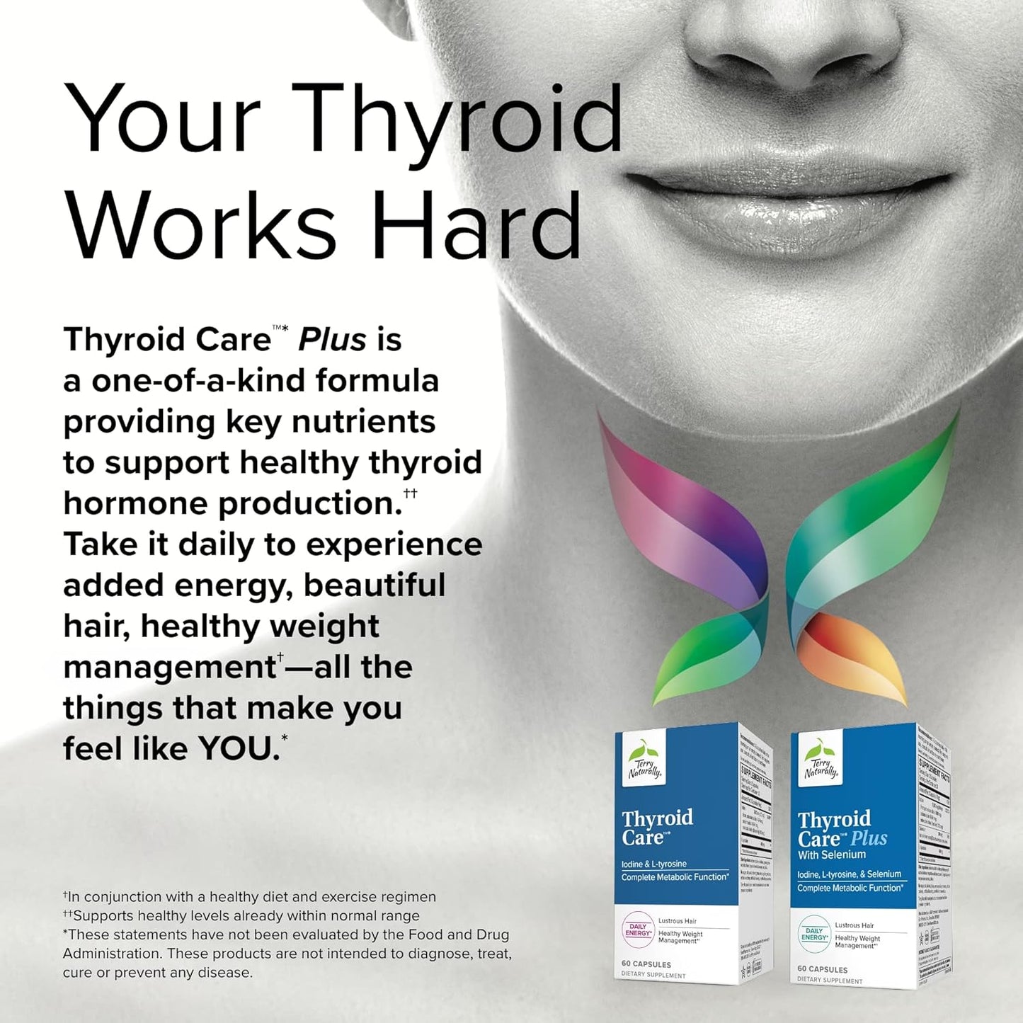 Terry Naturally Thyroid Care Plus: Energy & Hair Support Supplement - L-Tyrosine & Selenium - 60 Capsules (2 Pack)