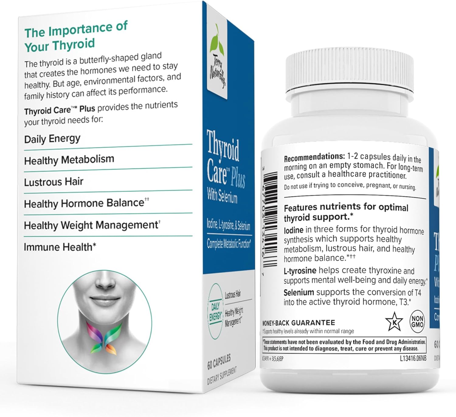 Terry Naturally Thyroid Care Plus: Energy & Hair Support Supplement - L-Tyrosine & Selenium - 60 Capsules (2 Pack)