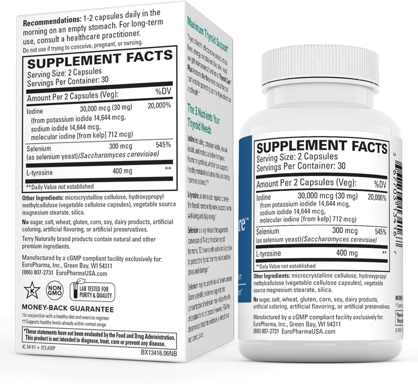 Terry Naturally Thyroid Care Plus: Energy & Hair Support Supplement - L-Tyrosine & Selenium - 60 Capsules (2 Pack)