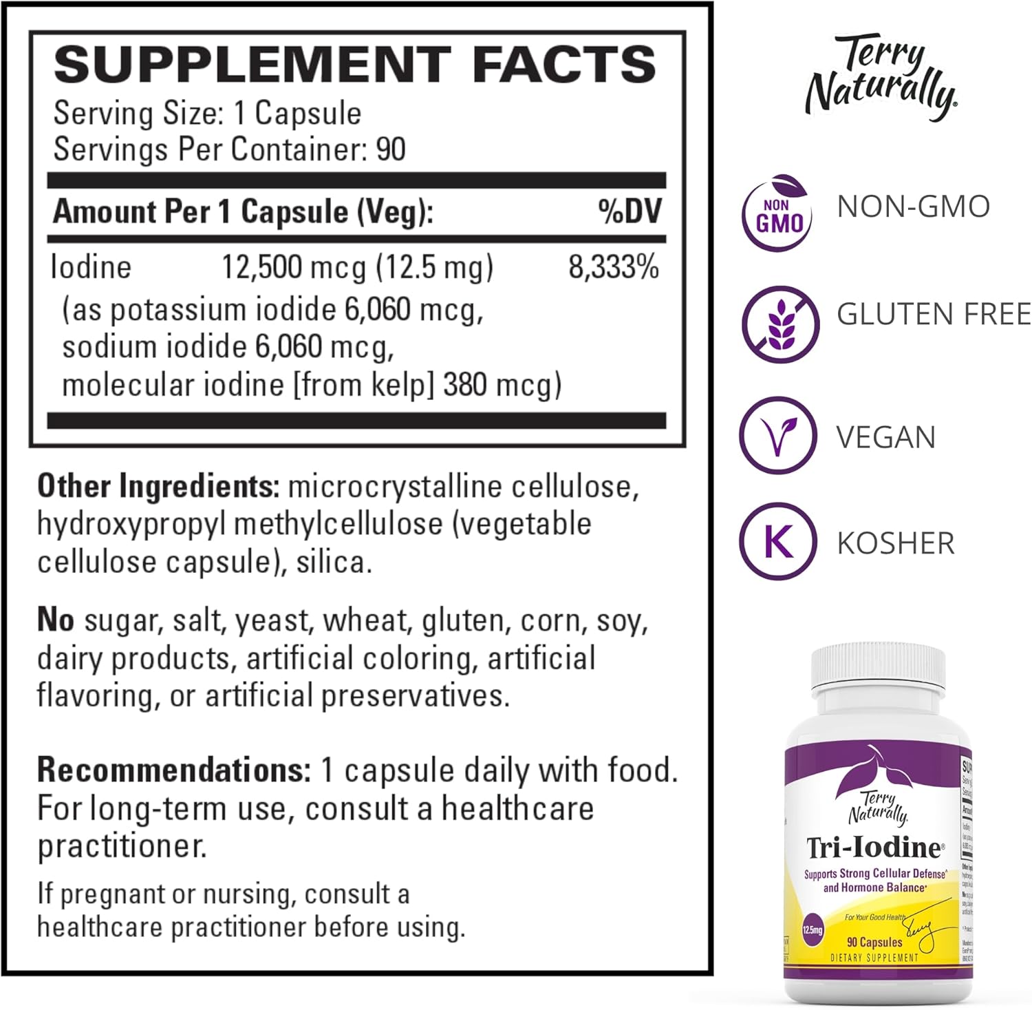 Terry Naturally Tri-Iodine 12.5 mg 180 Capsules - Hormone Balance Support for Breast & Prostate Health - Non-GMO, Vegan, Gluten Free, Kosher - Pack of 2
