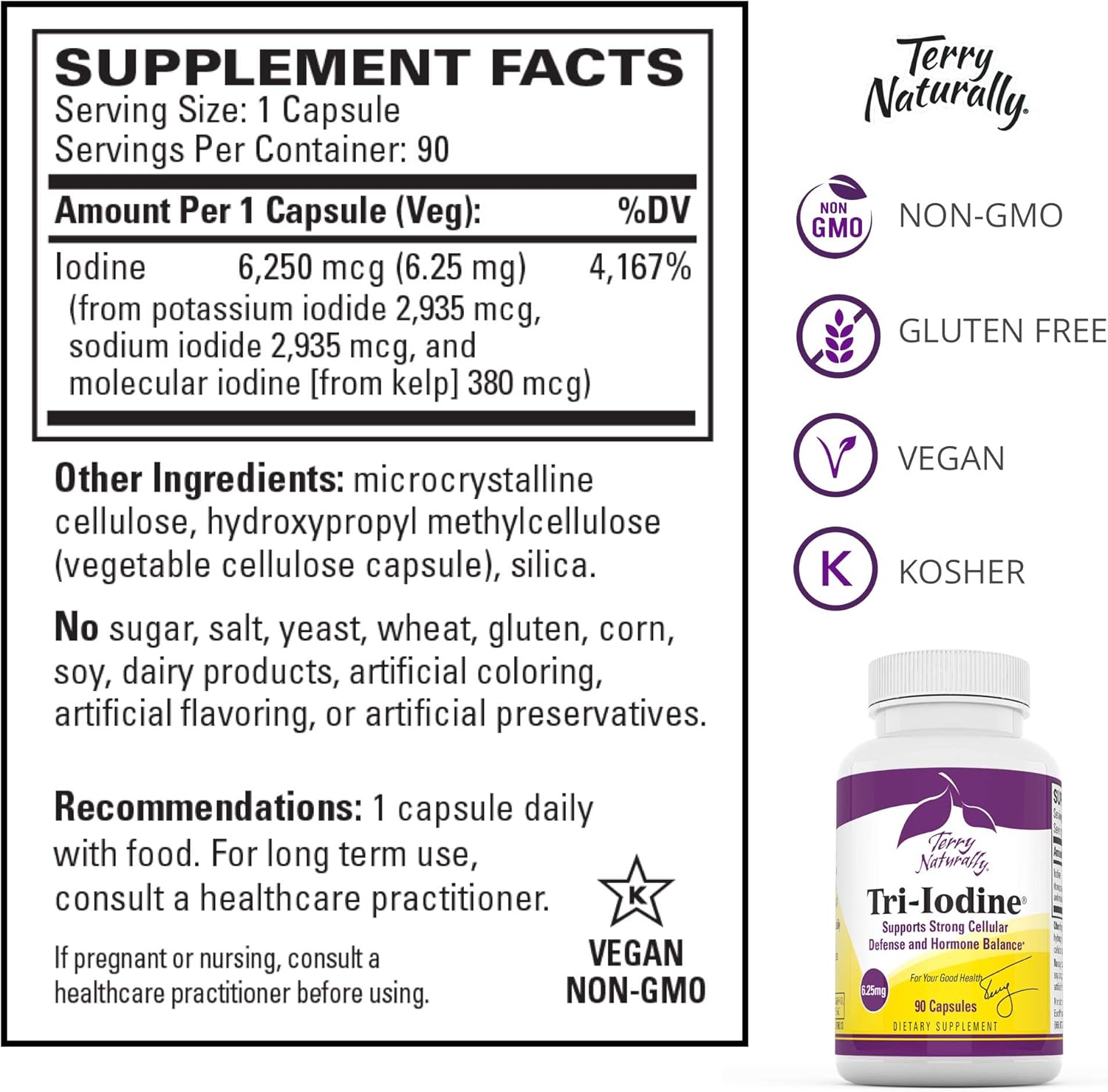 Terry Naturally Tri-Iodine Capsules - Supports Thyroid Health, Hormone Balance, Brain & Energy - 6.25mg - 90 Count