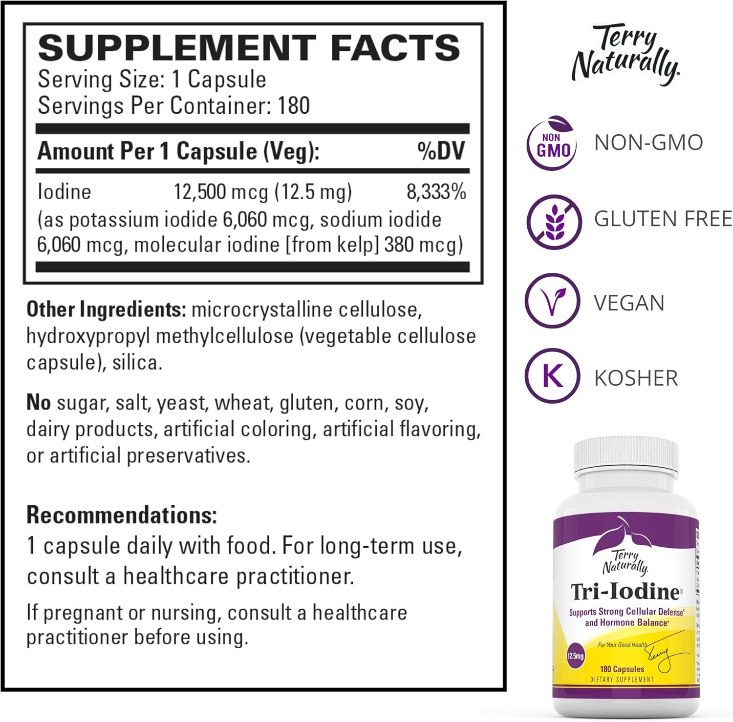 Terry Naturally Tri-Iodine Capsules 12.5 mg - 360 Servings - Hormone Balance, Breast & Prostate Health - Non-GMO, Gluten Free-Vegan-Kosher- Pack of 2