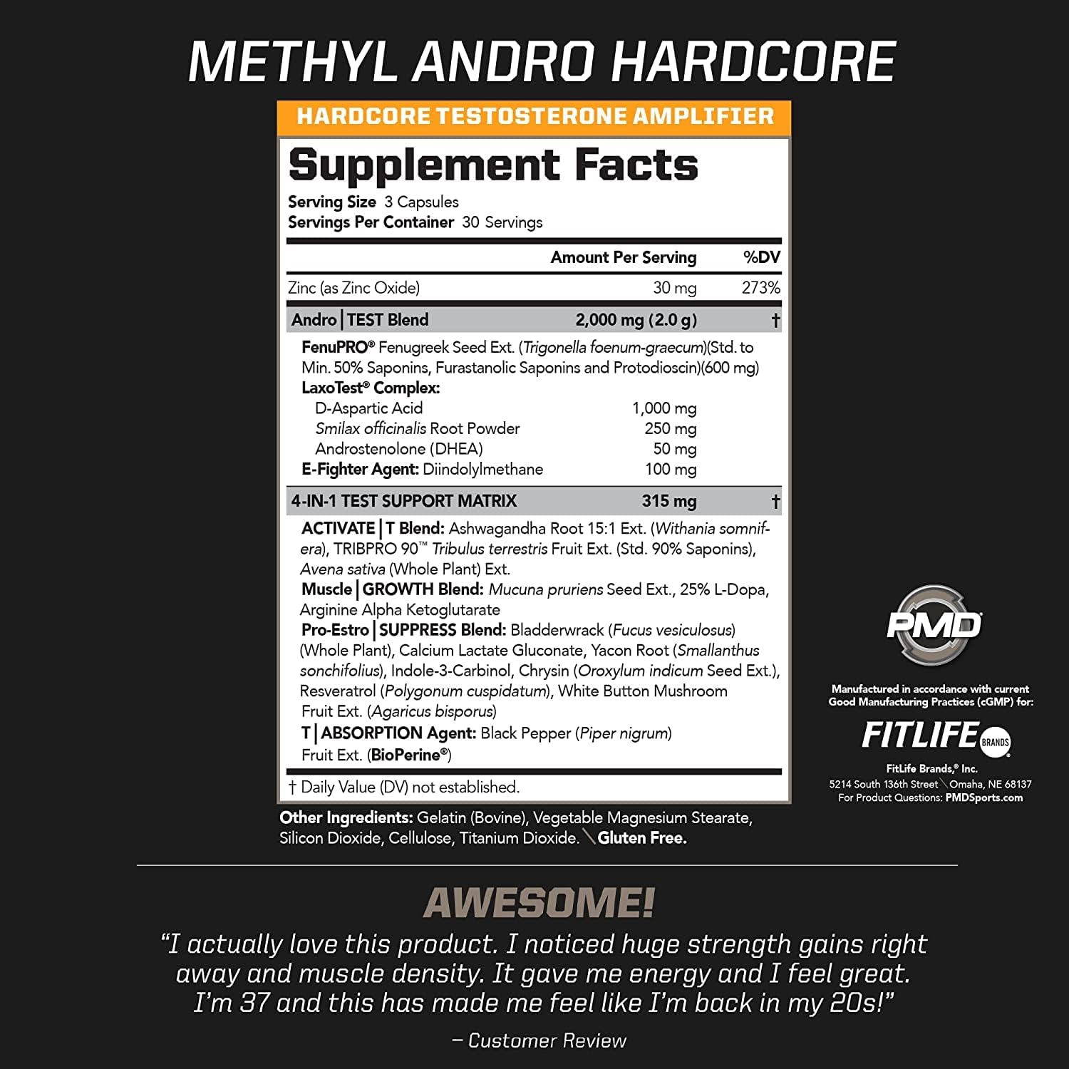 Testosterone Support Dietary Supplement for Lean Muscle & Strength Gains - PMD Methyl Andro Hardcore (90 Capsules)