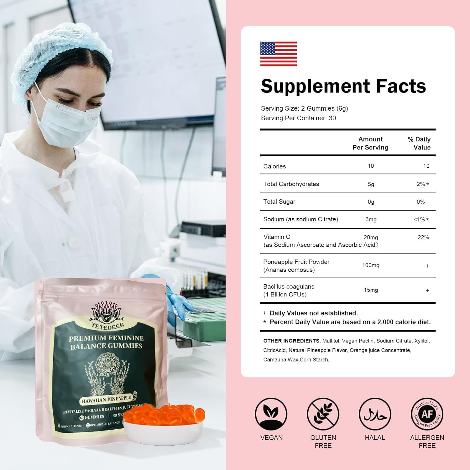 Tetedeer Vital Source Premium Women's Health Gummies - Pineapple Flavor, 60 Count, Vegan & Gluten-Free with Immune Support