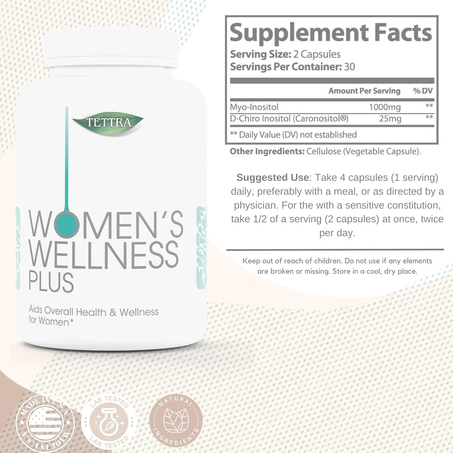 Tettra Women's Myo-Inositol & D-Chiro Inositol Capsules - 30-Day Supply for Hormonal Balance & Ovarian Support, Vitamin B8 - 60 Caps