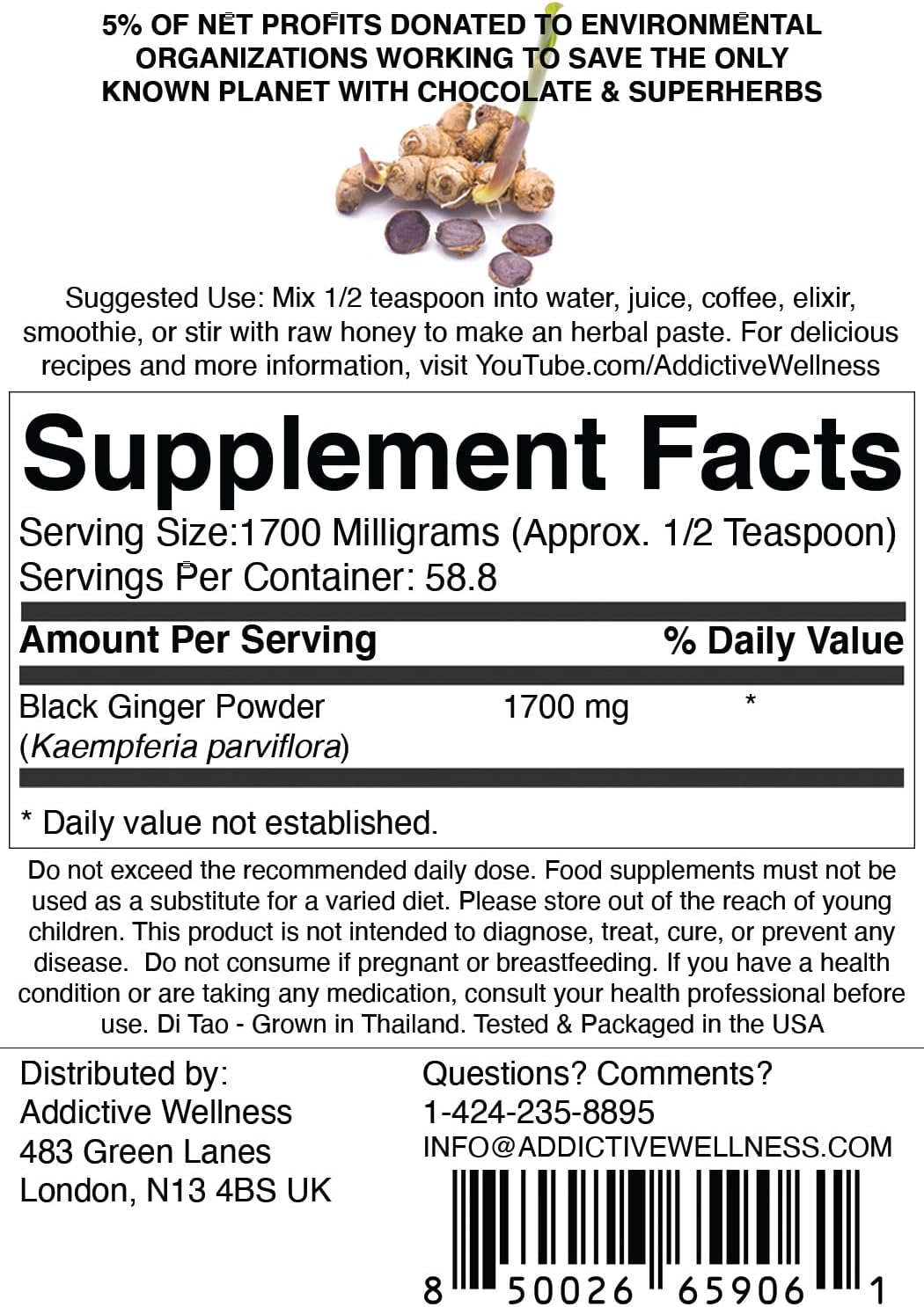 Thai Black Ginger Supplement for Men - Boost Energy, Endurance & Performance - Freeze Dried Powder - 100g Vegan & Paleo - Addictive Wellness