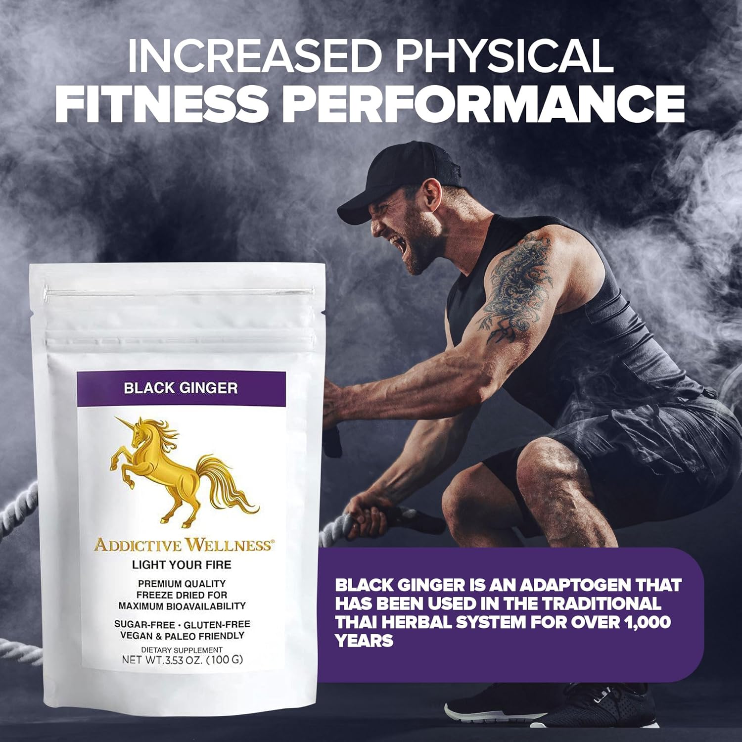 Thai Black Ginger Supplement for Men - Boost Energy, Endurance & Performance - Freeze Dried Powder - 100g Vegan & Paleo - Addictive Wellness