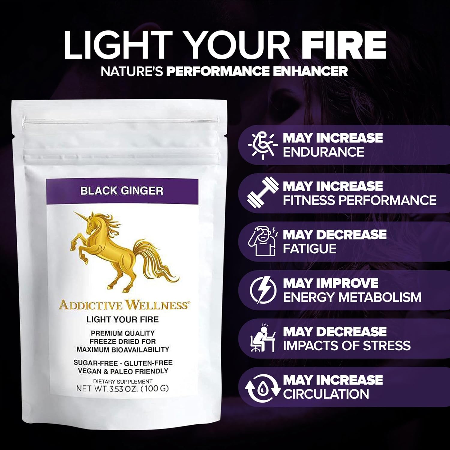 Thai Black Ginger Supplement for Men - Boost Energy, Endurance & Performance - Freeze Dried Powder - 100g Vegan & Paleo - Addictive Wellness