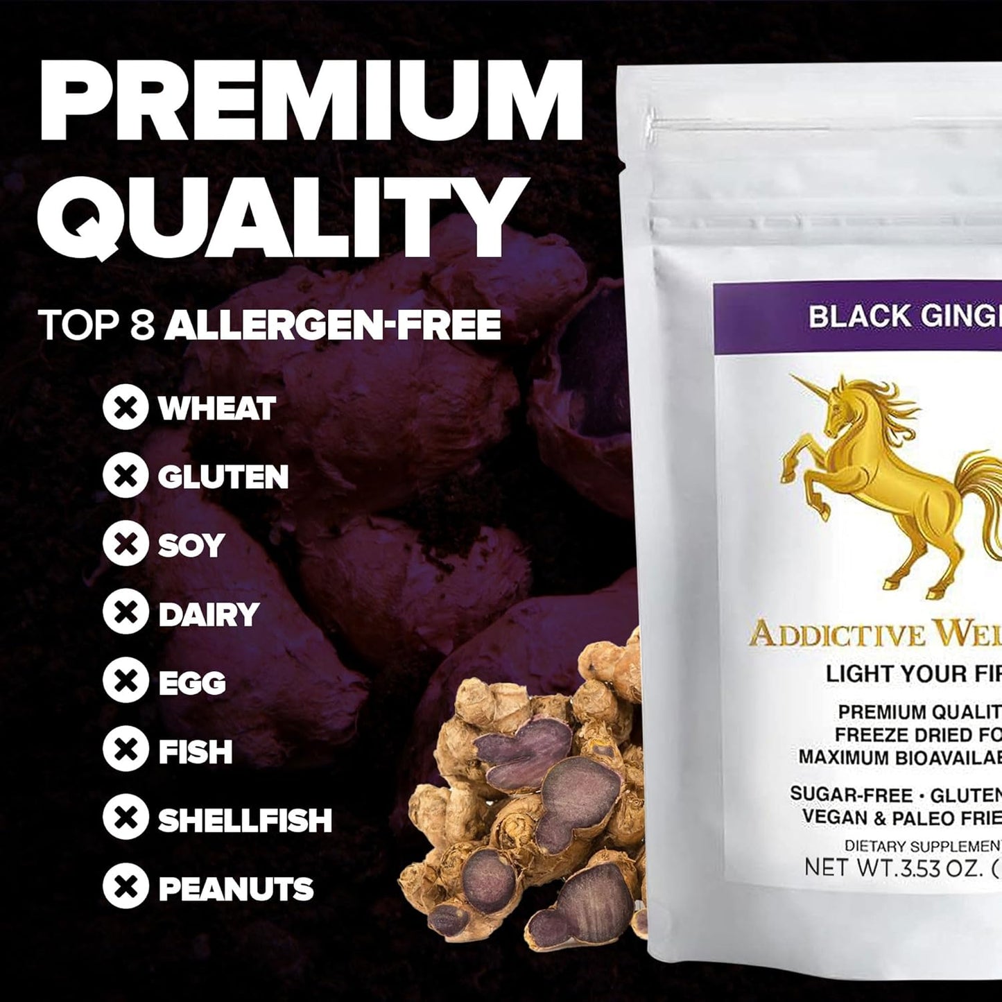 Thai Black Ginger Supplement for Men - Boost Energy, Endurance & Performance - Freeze Dried Powder - 100g Vegan & Paleo - Addictive Wellness