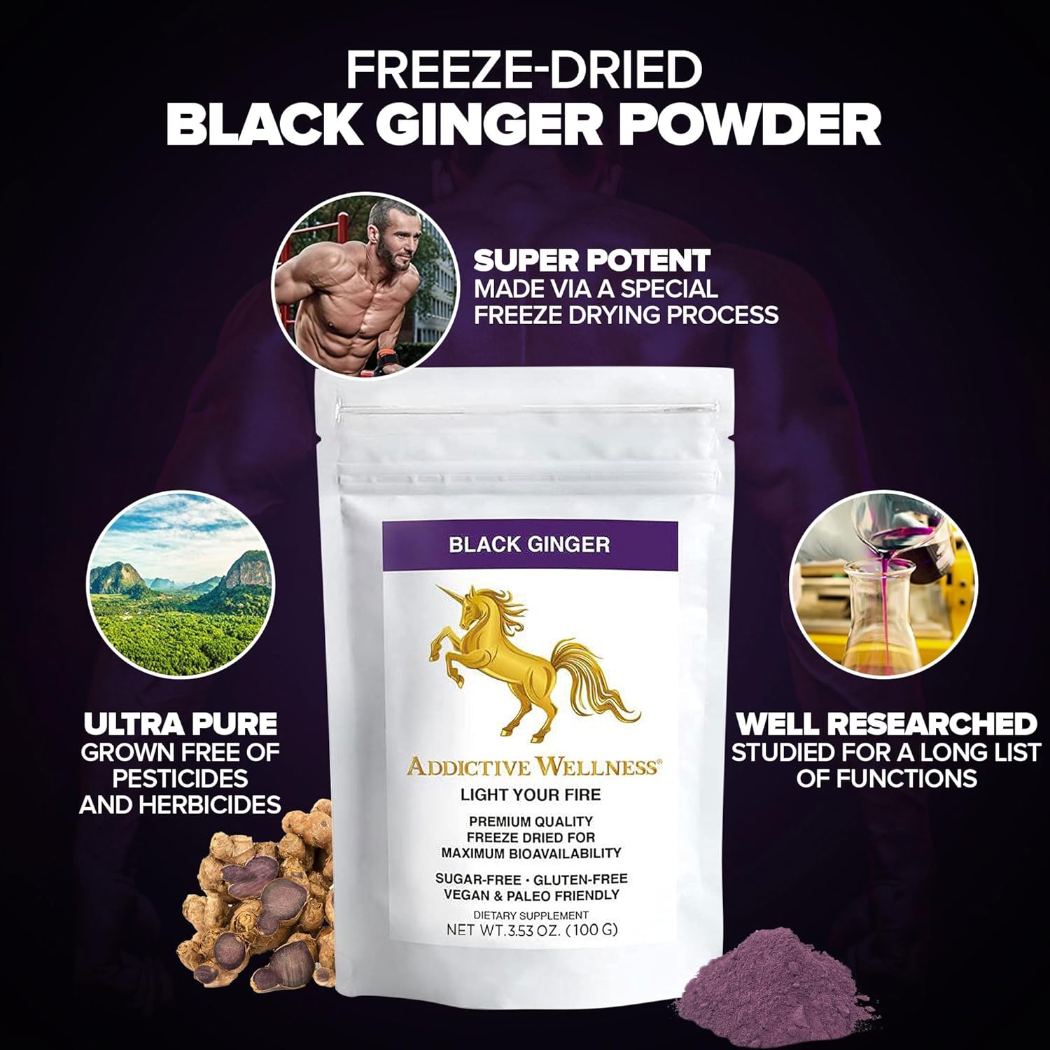 Thai Black Ginger Supplement for Men - Boost Energy, Endurance & Performance - Freeze Dried Powder - 100g Vegan & Paleo - Addictive Wellness