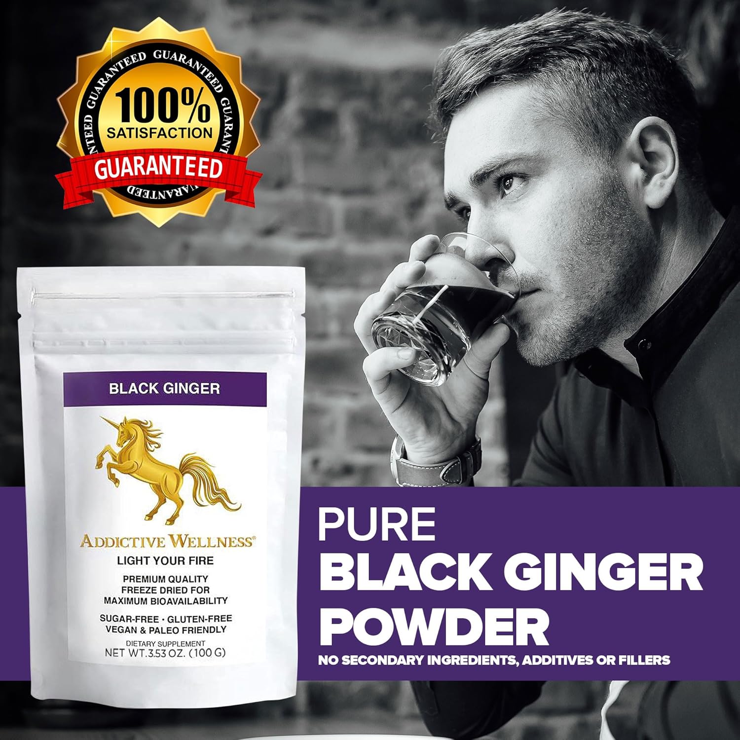Thai Black Ginger Supplement for Men - Boost Energy, Endurance & Performance - Freeze Dried Powder - 100g Vegan & Paleo - Addictive Wellness