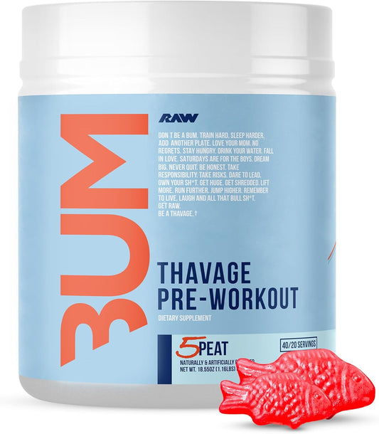 Thavage RAW Preworkout Powder - Cbum Sports Nutrition Supplement (5 Peat, Red Gummy) - Pre Workout for Men & Women - Hydration, Mental Focus, Energy - 40 Servings