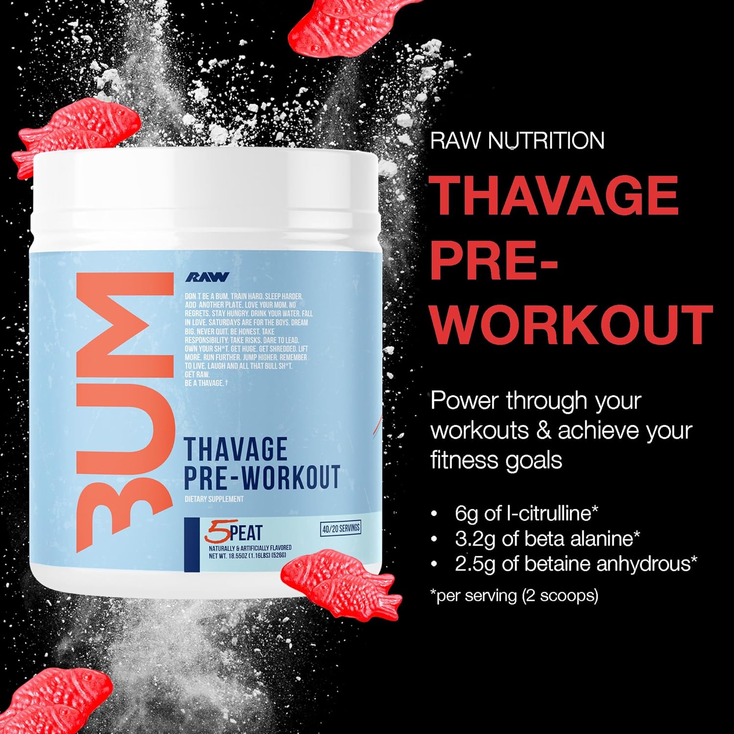 Thavage RAW Preworkout Powder - Cbum Sports Nutrition Supplement (5 Peat, Red Gummy) - Pre Workout for Men & Women - Hydration, Mental Focus, Energy - 40 Servings