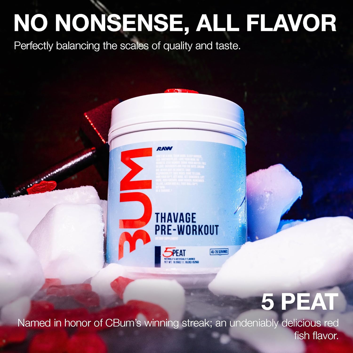 Thavage RAW Preworkout Powder - Cbum Sports Nutrition Supplement (5 Peat, Red Gummy) - Pre Workout for Men & Women - Hydration, Mental Focus, Energy - 40 Servings
