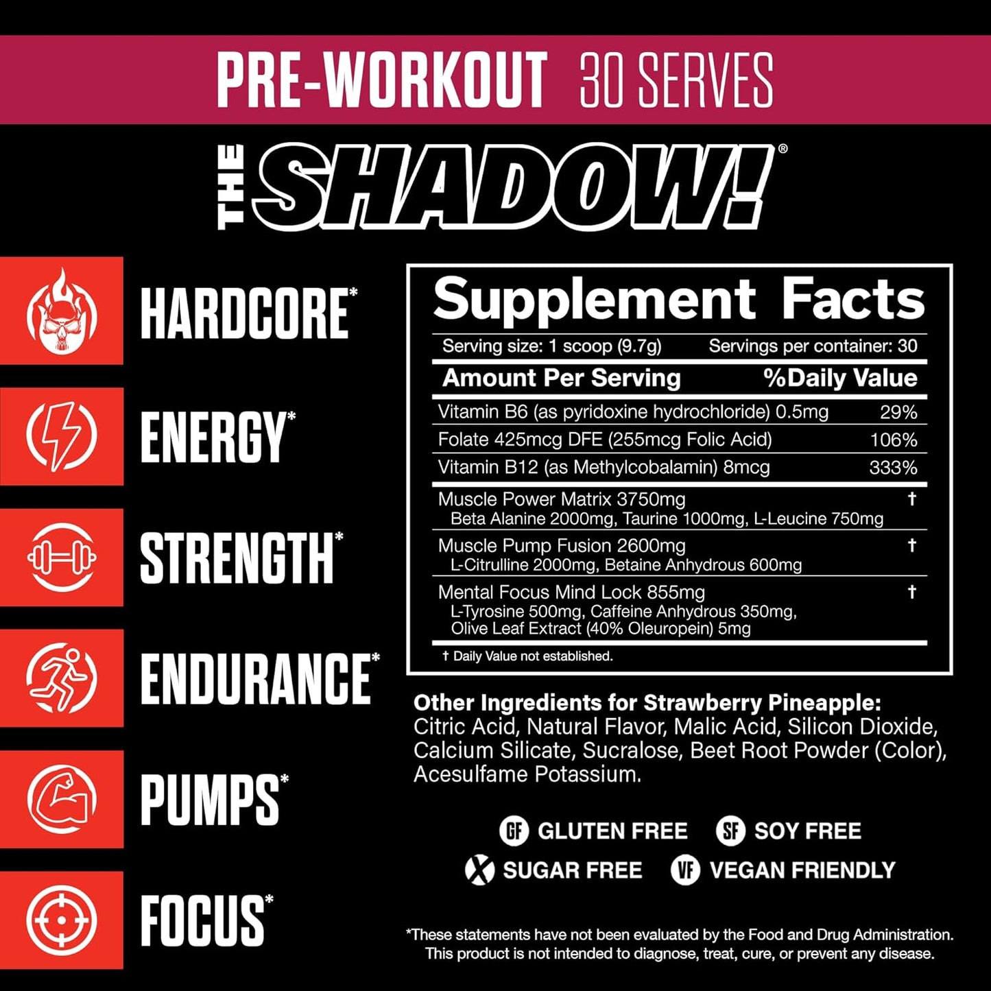 The Shadow Preworkout: Strawberry Pineapple Flavor, 350mg Caffeine for Enhanced Energy and Focus - 30 Servings for Men & Women