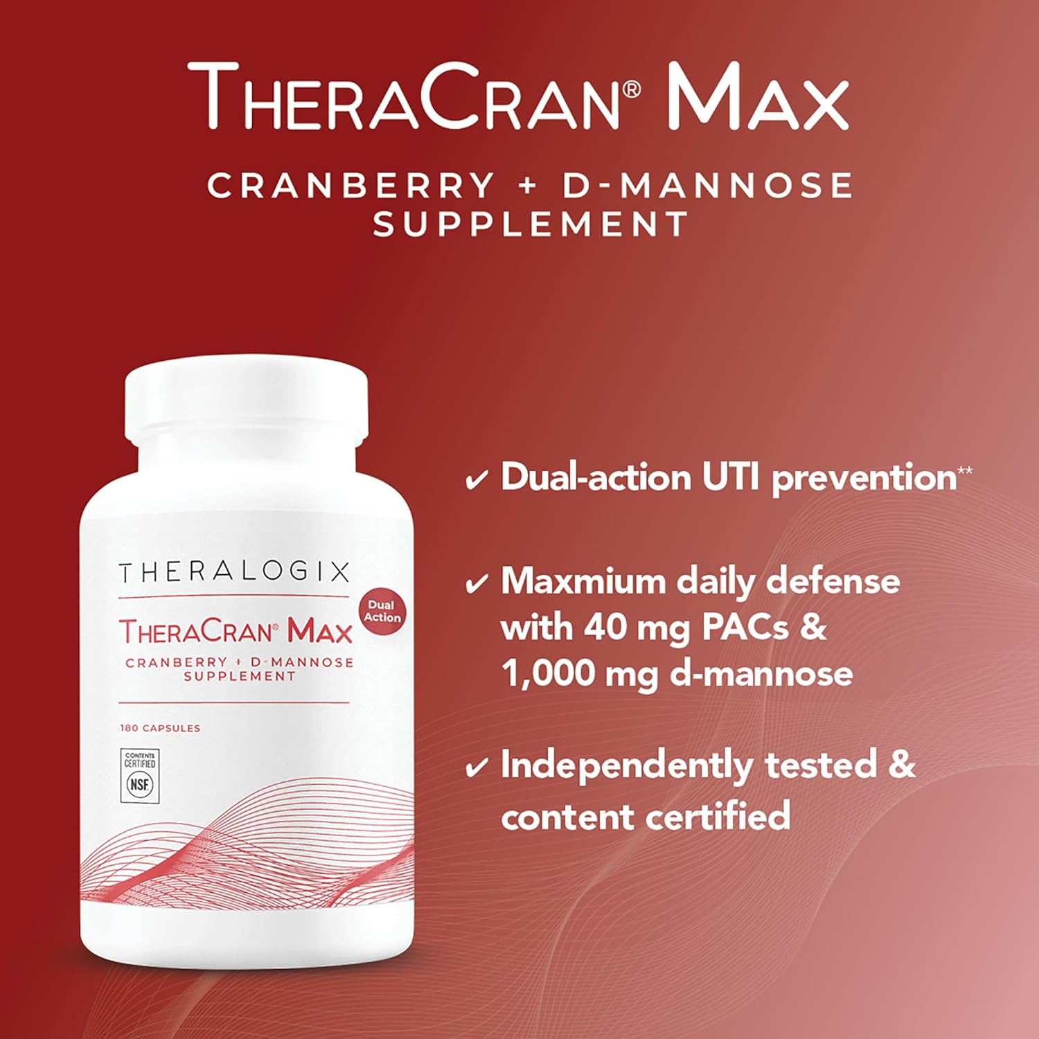 Theralogix TheraCran Max 180 Capsules - Cranberry & D-Mannose Supplement for Urinary Tract Health - Men & Women - NSF Certified - 90-Day Supply