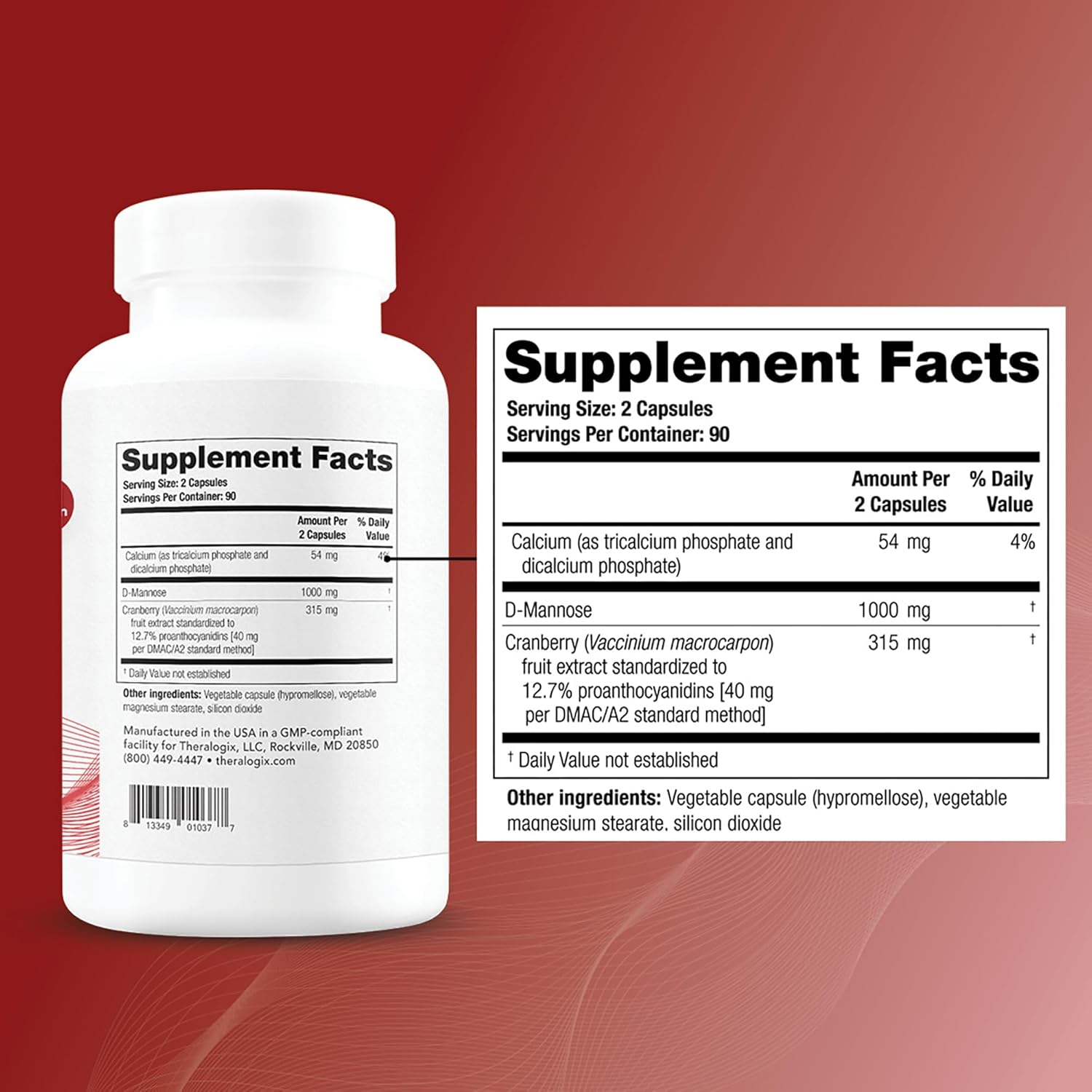 Theralogix TheraCran Max 180 Capsules - Cranberry & D-Mannose Supplement for Urinary Tract Health - Men & Women - NSF Certified - 90-Day Supply