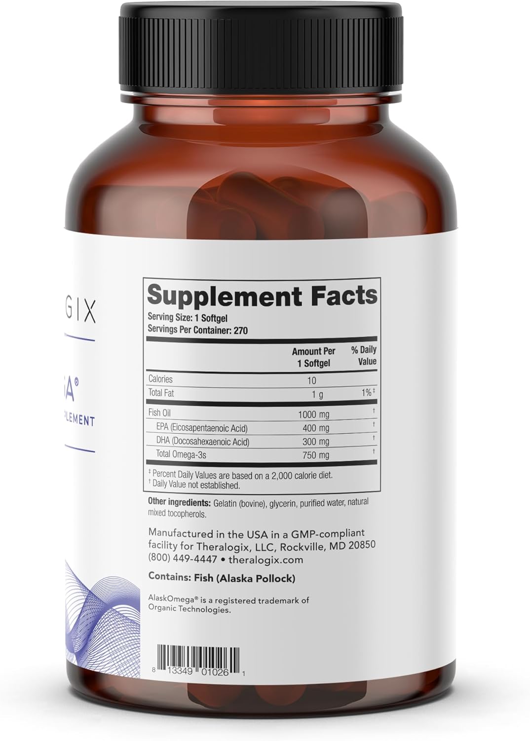 Theralogix TherOmega Omega-3 Fish Oil Supplement - 270 Softgels - Supports Heart, Brain, Immune & Joint Health - 700 mg DHA & EPA - Wild Alaska Pollock