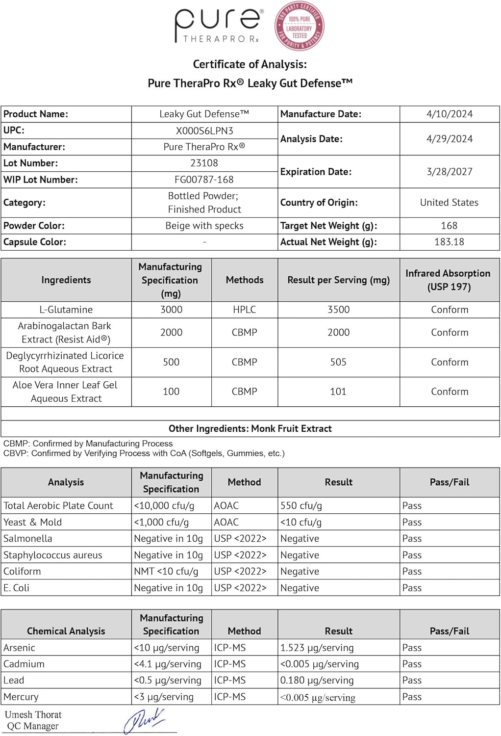 Therapro Rx Leaky Gut Defense Supplement - Supports Gut Health with L-Glutamine, Licorice Root, Aloe, Arabinogalactan - 30 Servings, 168g