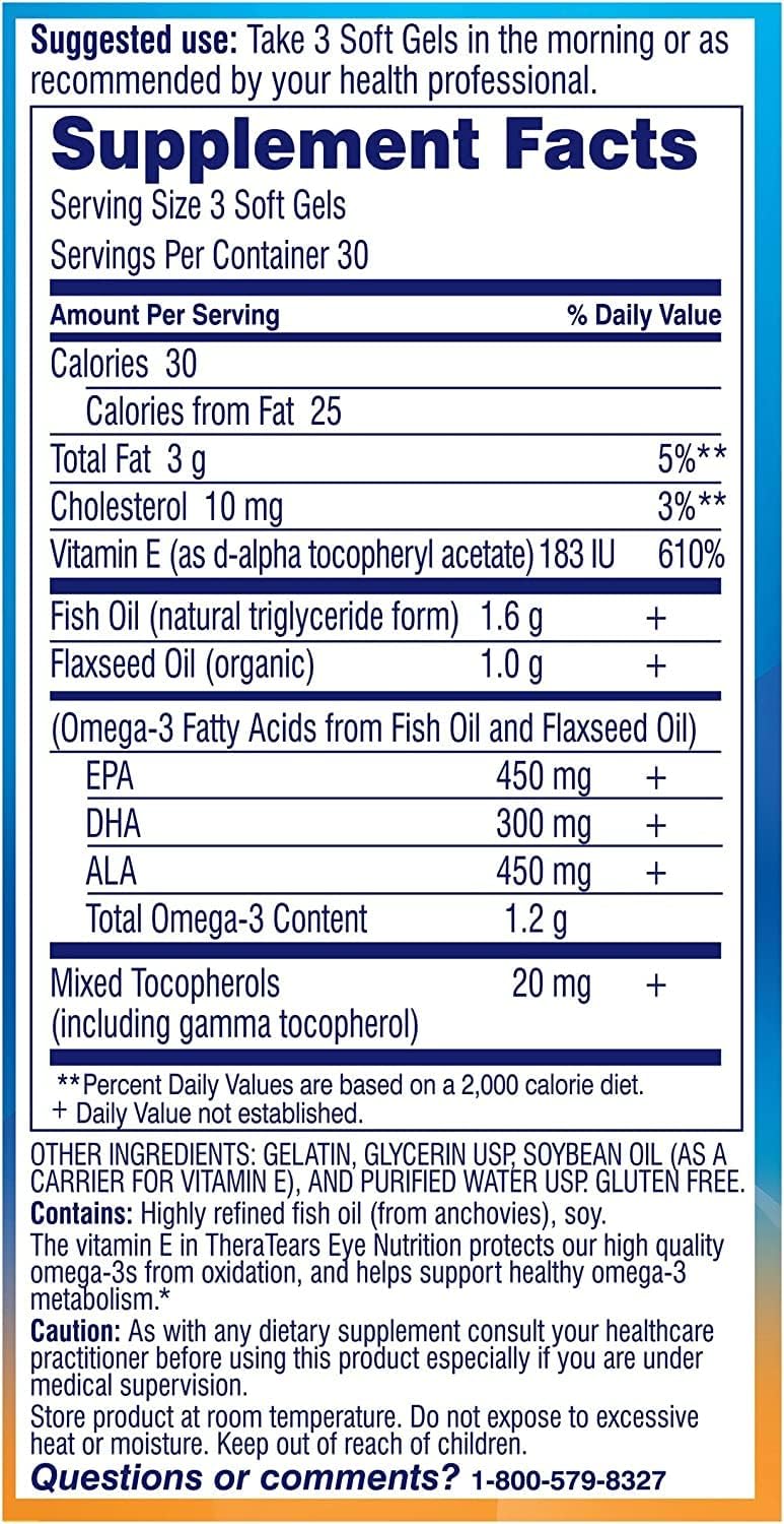 TheraTears Omega-3 Supplement Capsules, 1200mg, 90-Count x 2 Pack for Eye Nutrition
