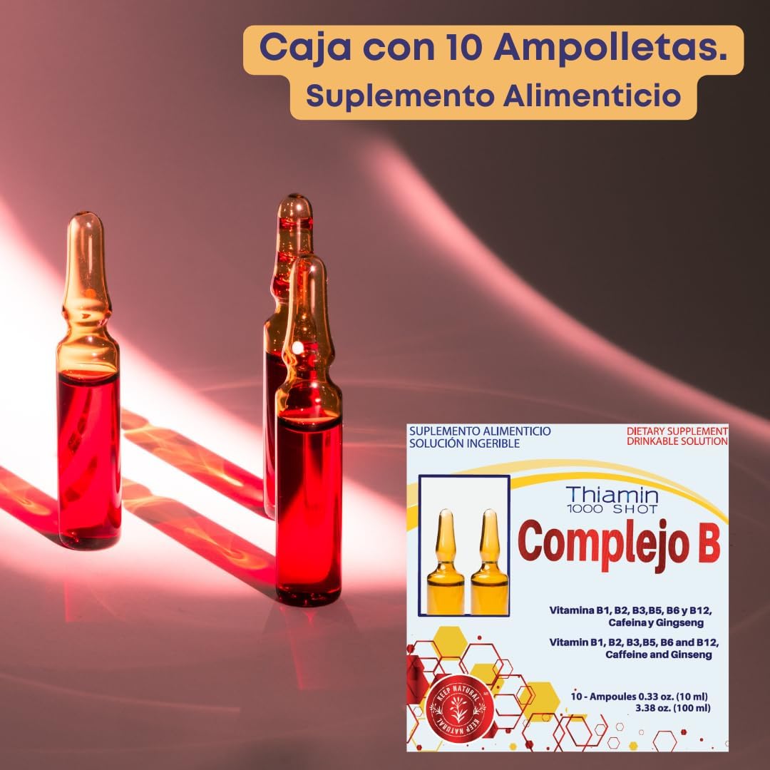 Thiamin B Complex Energy Shot with Multi-Vitamins, Caffeine, Ginseng | 10 Ampoules x 10ml Box | Boost Cognitive Function & Metabolic Health