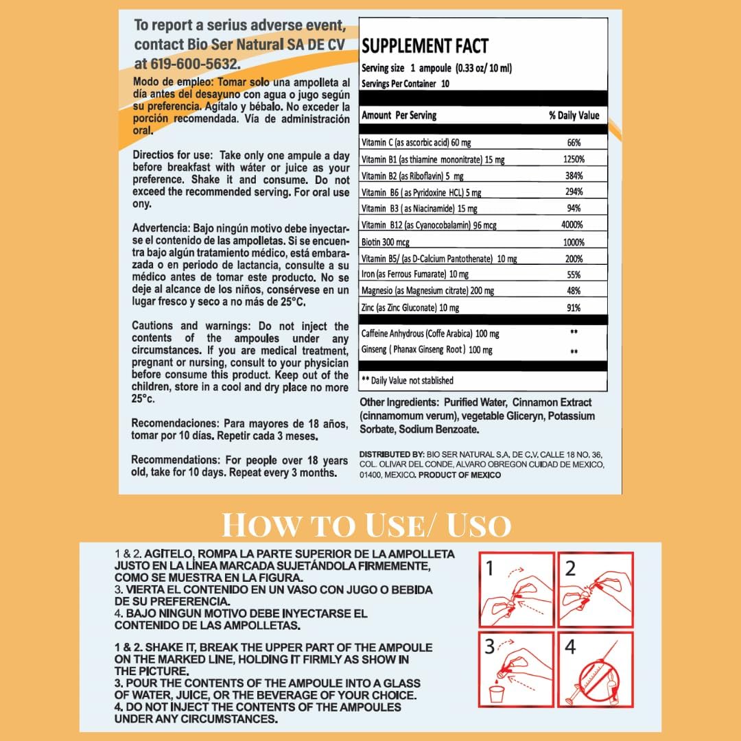 Thiamin B Complex Energy Shot with Multi-Vitamins, Caffeine, Ginseng | 10 Ampoules x 10ml Box | Boost Cognitive Function & Metabolic Health