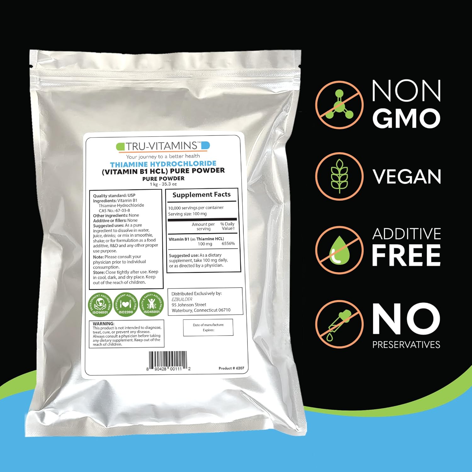 Thiamine Hydrochloride (Vitamin B1) Pure Powder - 1kg (2.2 lb.) - EZ BUILDER