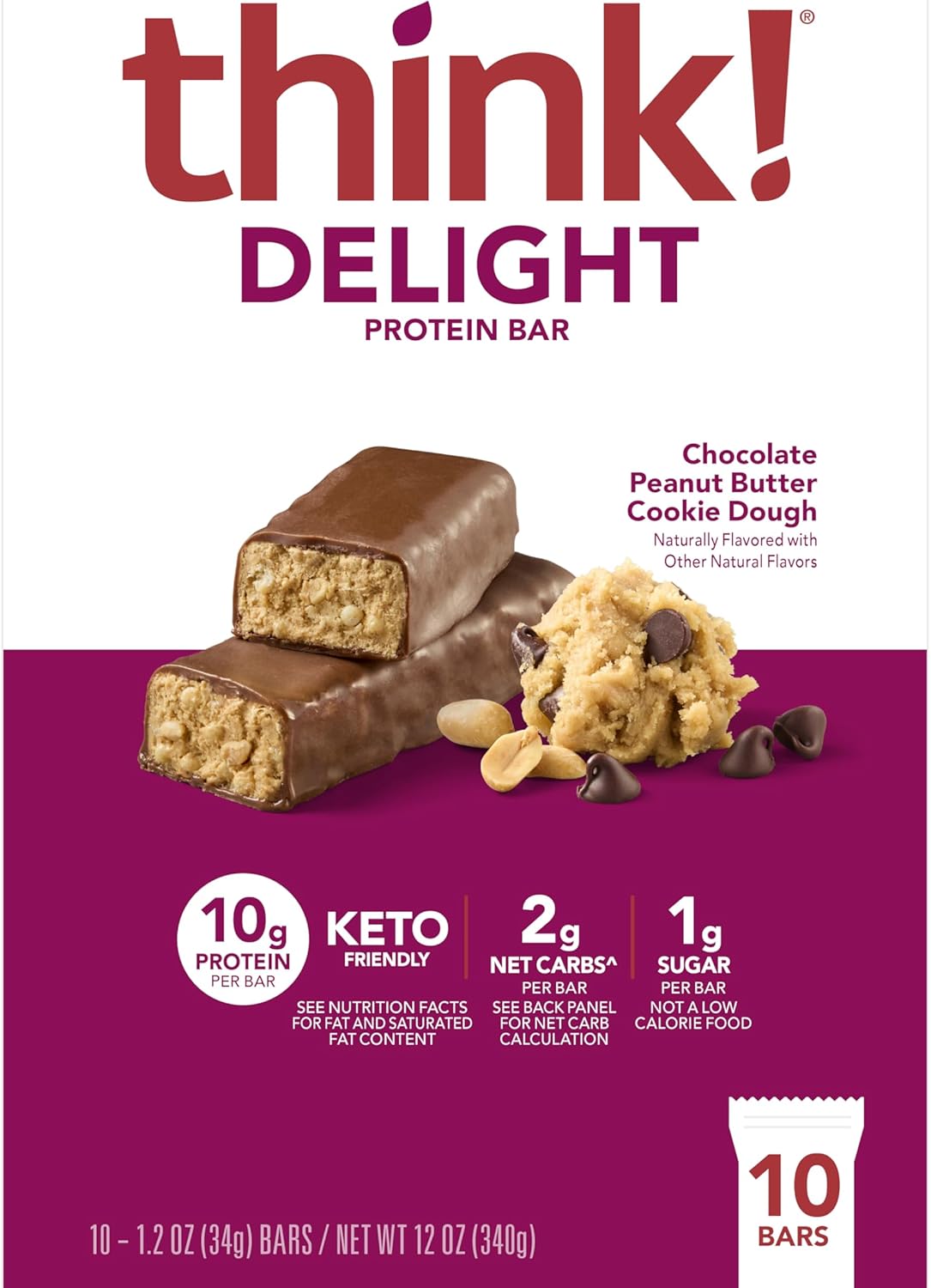 think! Delight Keto Protein Bars Chocolate Peanut Butter Cookie Dough 10 Count - Healthy Low Carb & Gluten Free Snack