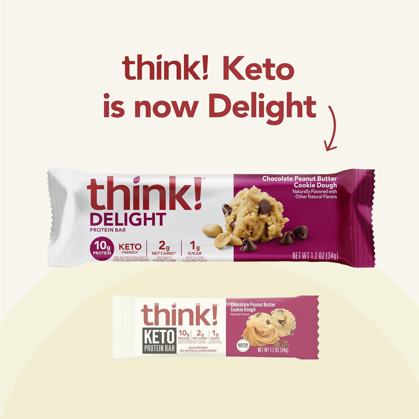 think! Delight Keto Protein Bars Chocolate Peanut Butter Cookie Dough 10 Count - Healthy Low Carb & Gluten Free Snack