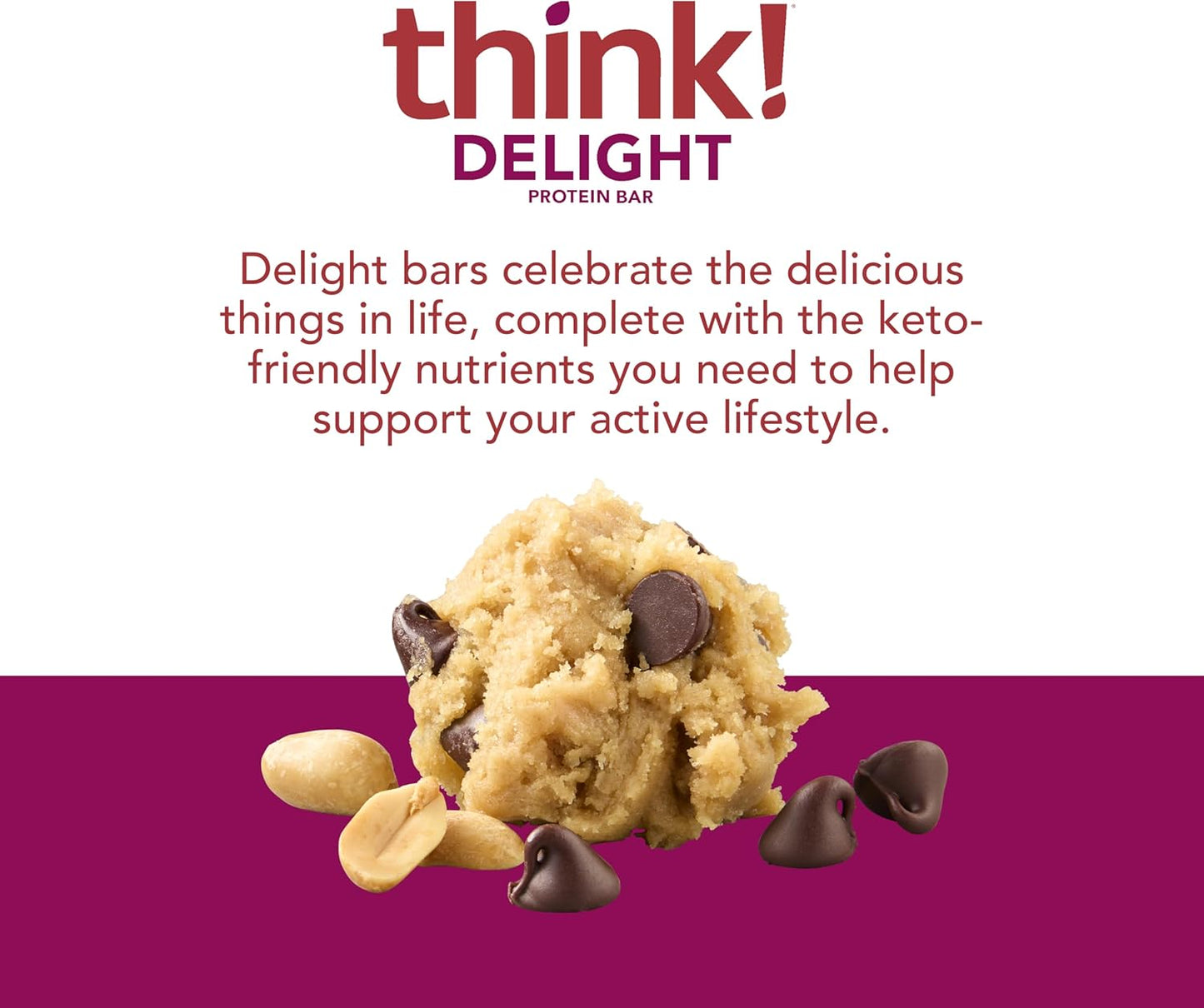 think! Delight Keto Protein Bars Chocolate Peanut Butter Cookie Dough 10 Count - Healthy Low Carb & Gluten Free Snack