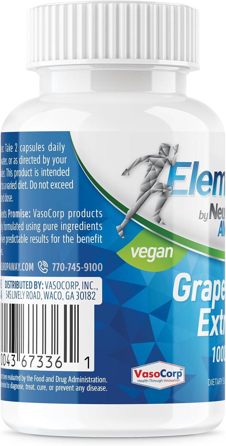 Third Party Tested Grape Seed Extract 1000mg Capsules - 60 Count in Acid Resistant Bottle - Made in cGMP Facility - NeuropAWAY Elements